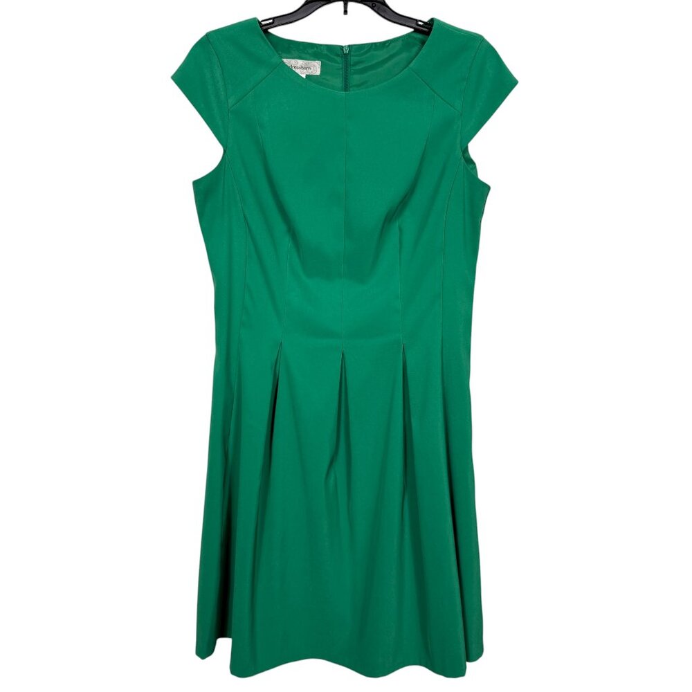 Dressbarn Skater Dress Womens 8 Emerald Green Pleated Career Cap Sleeve Dressy